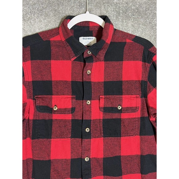 Old Navy Double Brushed Flannel Button Shirt Red Black Buffalo Check Mens Medium - Picture 6 of 9